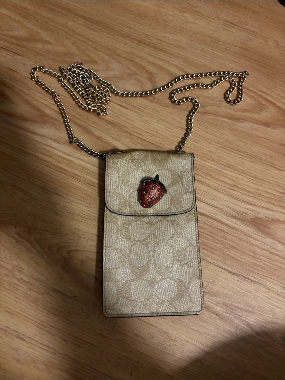 Coach Beige Signature Crossbody Phone Pouch with Strawberry Charm